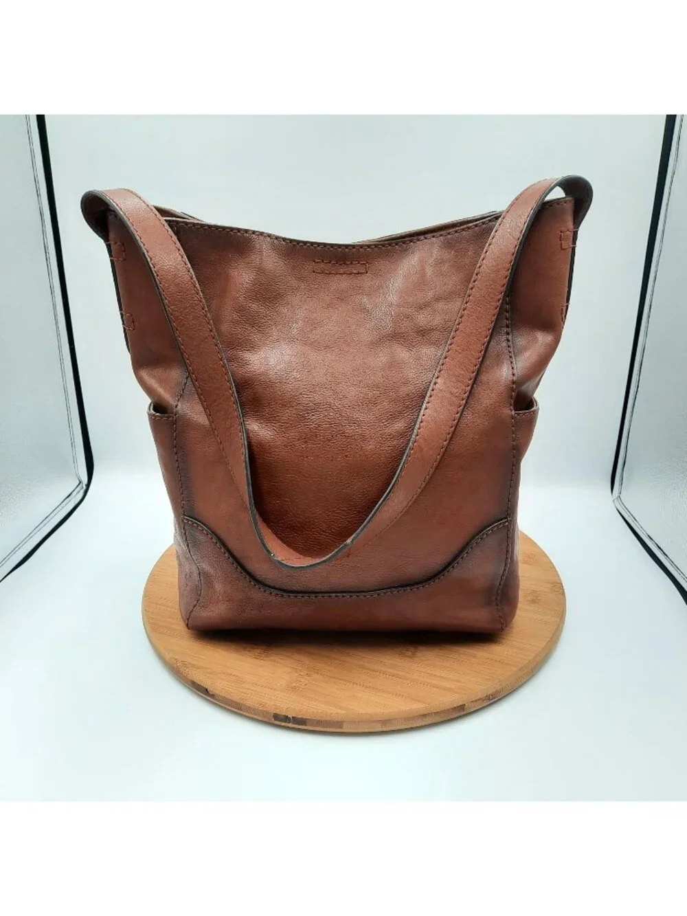 Frye Lena Hobo Bag Cognac Brown Leather Side Slip Pocket Shoulder Strap Tote
